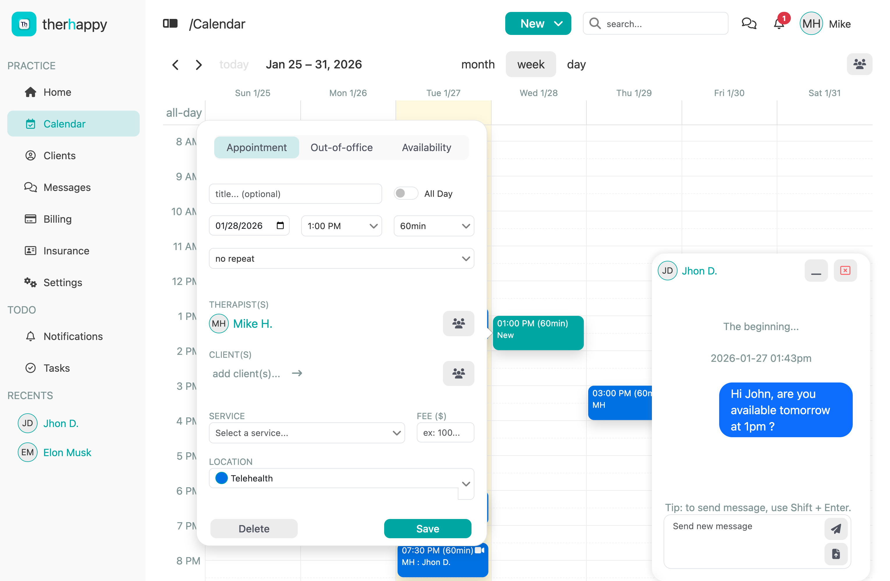 Screenshot of therhappy calendar