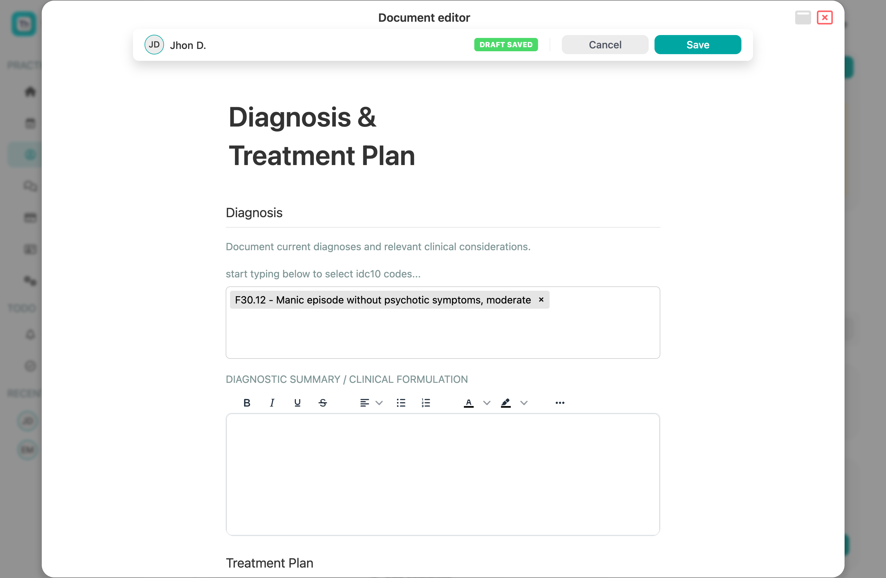 Screenshot of therhappy progress note